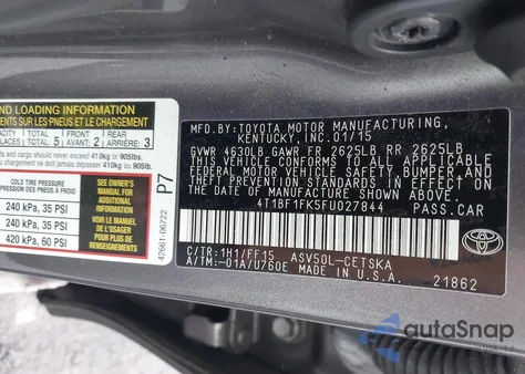 2015 Toyota Camry Le/Xle/Se/Xse z USA, uszkodzony, nr VIN 4T1BF1FK5FU027844